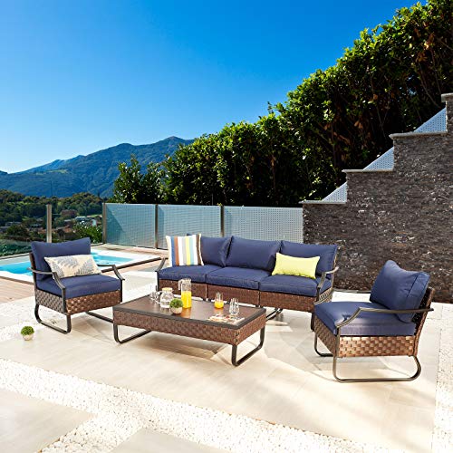 Festival Depot 6 Piece Patio Conversation Set Wicker Chair with Thick Cushions and Rattan Coffee Table All Weather Outdoor Furniture for Deck Lawn Backyard, Blue