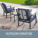 Festival Depot 3-Piece Patio Bistro Set Conversation Set Rocking Chair Set with Side Coffee Table Outdoor Furniture with Hand-Woven Textilene Rope Backrest (Black Metal Frame with Blue Cushion)