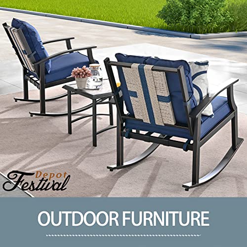 Festival Depot 3-Piece Patio Bistro Set Conversation Set Rocking Chair Set with Side Coffee Table Outdoor Furniture with Hand-Woven Textilene Rope Backrest (Black Metal Frame with Blue Cushion)