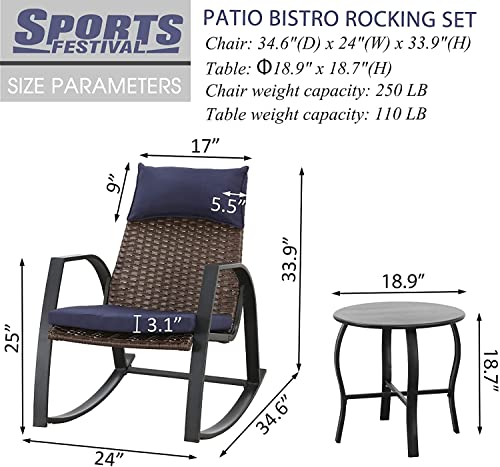 Sports Festival 3-Piece Outdoor Rattan Bistro Chair Set Patio Furniture, 2 Rocking Armchair with Woven Wicker Seat, Cushions and Metal Side Table for Garden, Lawn, Porch, Yard, and Balcony