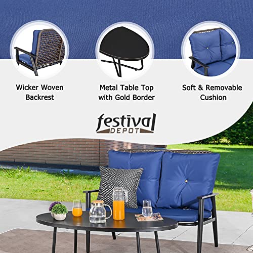 Festival Depot 2 Pcs Patio Bistro Set PE Wicker Conversation Set, Outdoor Furniture Loveseat Armchair with Cushions Metal Coffee Table for Backyard Porch Balcony Outside Poolside Lawn (Blue)