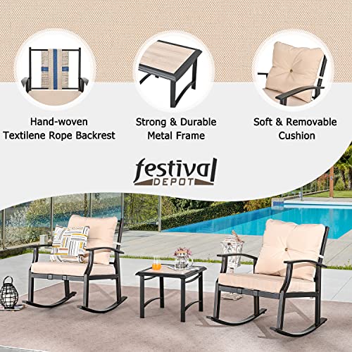 Festival Depot 3-Piece Patio Bistro Set Conversation Set Rocking Chair Set with Side Coffee Table Outdoor Furniture with Hand-Woven Textilene Rope Backrest (Black Metal Frame with Beige Cushion)