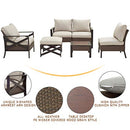 Festival Depot 6-Piece Bistro Outdoor Patio Furniture Conversation Set Wicker Rattan X-Arm Corner Chairs Ottoman with Cushion Square Wood Grain Top Side Table with Side X Shaped Slatted Steel Legs