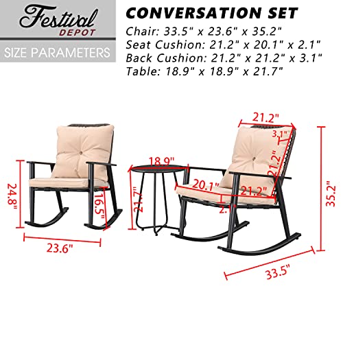 Festival Depot 3 Pcs Patio Bistro Set PE Wicker Conversation Set, Rocking Chairs Outdoor Furniture with Cushions Metal Side Coffee Table for Backyard Porch Balcony Outside Poolside Lawn (Beige)