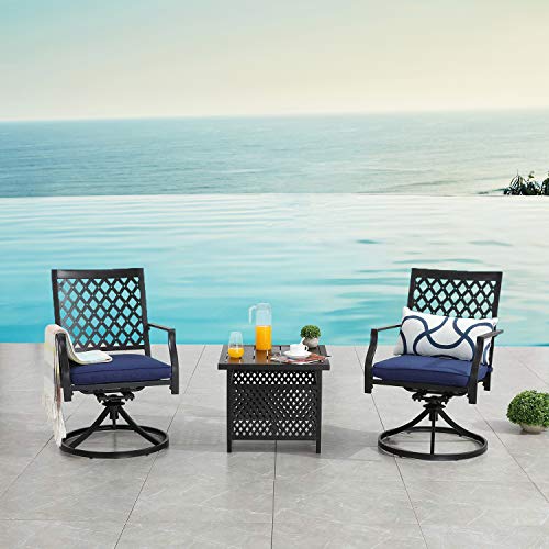 Festival Depot Outdoor Furniture 3 Piece Patio Dining Set of 2 Swivel Chairs with Cushions and 1 Metal Bistro Side Table with Umbrella Hole for Deck Porch Yard, Blue