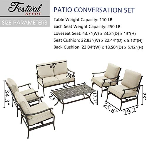 Festival Depot 4Pcs Outdoor Furniture Patio Conversation Set All Weather Black Metal Armchair Loveseat with Seat and Back Cushions, 3-Seating Chair, Rectangle Coffee Tables for Deck Lawn Garden