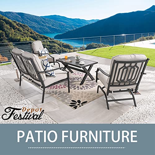 Festival Depot 4 Pieces Patio Conversation Set Outdoor Armchairs Loveseat Set with Coffee Table Fabric Metal Frame Furniture Garden Bistro Seating Thick Soft Cushion