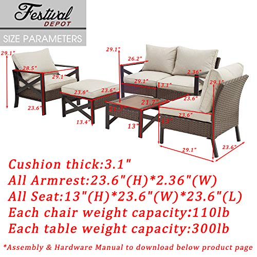 Festival Depot 6-Piece Bistro Outdoor Patio Furniture Conversation Set Wicker Rattan X-Arm Corner Chairs Ottoman with Cushion Square Wood Grain Top Side Table with Side X Shaped Slatted Steel Legs