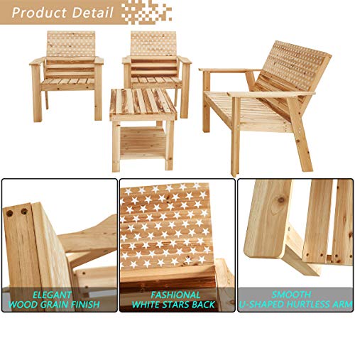 Festival Depot 4 Pieces Patio Furniture Outdoor Conversation Set Wood Armrest Loveseat Lounge Chair Stars and Strips Printing Dining Coffee Side Table