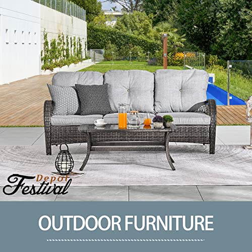 Festival Depot 2 Pieces Patio Bistro Set PE Wicker 3-Seat Sofa Set with Tempered Glass Top Side Table Outdoor Furniture Conversation Set (Brown Wicker, Grey Cushion)