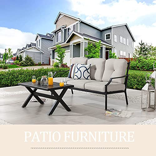 Festival Depot 2 Pcs Metal Furniture Outdoor Loveseat Patio Sofa with Coffee Table 3-Seating Outside Couch with Cushions for Deck Porch Backyard