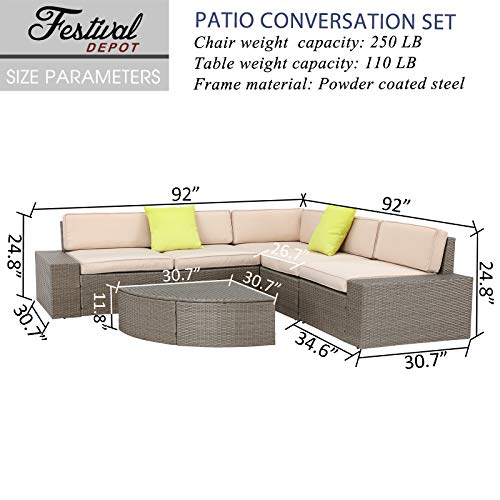 Festival Depot 6Pcs Outdoor Furniture Patio Conversation Set Sectional Rattan PE Wicker Sofa Set Corner Armless Chair Including Seat and Back Cushions with Washable Cover and Coffee Table