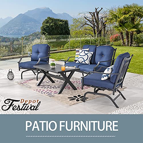 Festival Depot 4 Pieces Patio Conversation Set Outdoor Armchairs Loveseat Set with Coffee Table Fabric Metal Frame Furniture Garden Bistro Seating Thick Soft Cushion