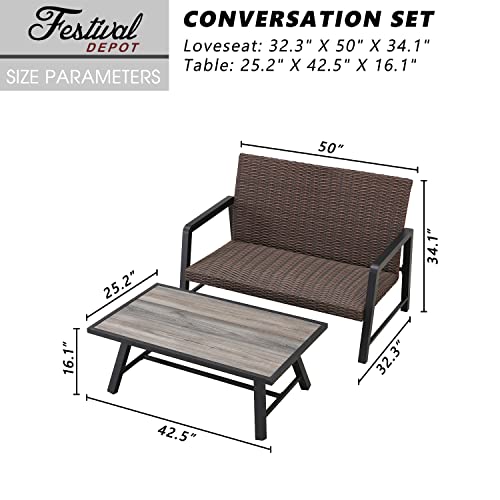 Festival Depot 2Pcs Patio Conversation Set, PE Wicker Bistro Set, All-Weather Outdoor Furniture, with 1 Loveseat and 1 DPC Coffee Table for Backyard Porch Lawn Deck Garden