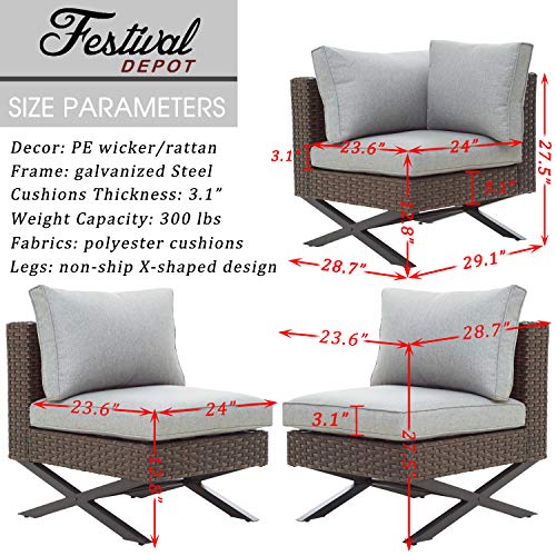 Festival Depot 3 Pieces Patio Conversation Set Sectional Corner Sofa Combination X-Shaped Legs Outdoor All-Weather Wicker Metal Armless Chairs with Seating Back Cushions Garden Deck Poolside