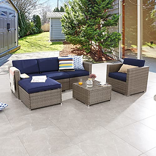 Festival Depot 6pcs Patio Furniture Set Outdoor Sectional PE Wicker Sofa Set Rattan Conversation Set with Coffee Table Ottoman and Washable Seat Cushions Blue and Grey