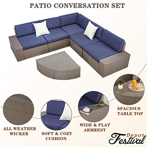 Festival Depot 6Pcs Outdoor Furniture Patio Conversation Set Sectional Rattan PE Wicker Sofa Set Corner Armless Chair Including Seat and Back Cushions with Washable Cover and Coffee Table