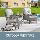 Festival Depot 3 Pieces Patio Bistro Set PE Wicker Armchairs Set of 2 with Tempered Glass Top Side Table Outdoor Furniture Conversation Set (Brown Wicker, Grey Cushion)