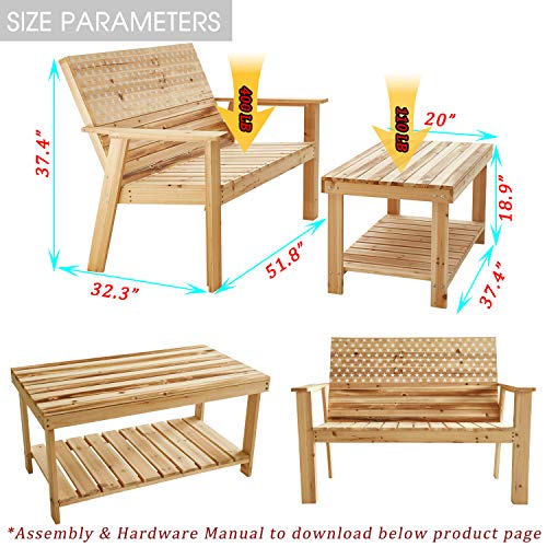 Festival Depot 2 Pieces Patio Furniture Outdoor Conversation Set Wood Armrest Loveseat Chair Stars and Strips Printing Dining Coffee Side Table