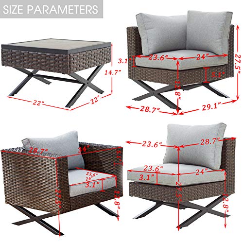 Festival Depot 6pc Patio Conversation Set Sectional Corner Sofa Arm Chairs Set Outdoor All-Weather Wicker Metal Chairs with Thick Soft Seating Back Cushions Square Coffee Table Ottoman Garden Poolside