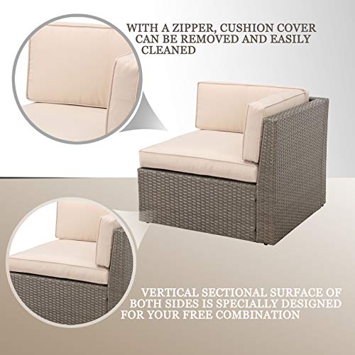 Festival Depot 6Pcs Outdoor Furniture Patio Conversation Set Sectional Rattan PE Wicker Sofa Set Corner Armless Chair Including Seat and Back Cushions with Washable Cover and Coffee Table