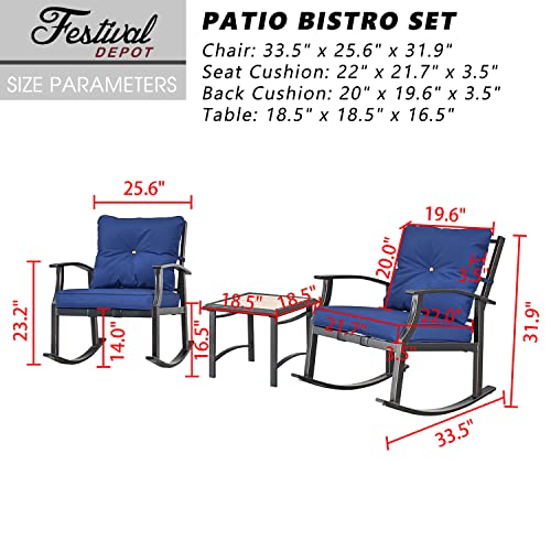 Festival Depot 3-Piece Patio Bistro Set Conversation Set Rocking Chair Set with Side Coffee Table Outdoor Furniture with Hand-Woven Textilene Rope Backrest (Black Metal Frame with Blue Cushion)