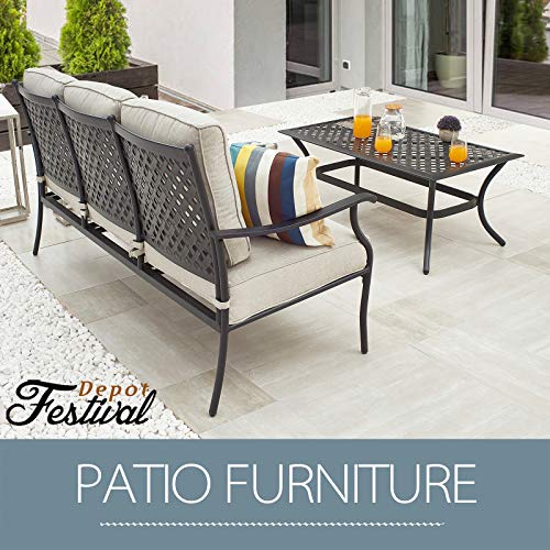 Festival Depot 2 pc Conversation Set Patio Outdoor 3-Seater Sofa Set with Coffee Table Fabric Metal Frame Furniture Garden Bistro Seating Thick Soft Cushions (Beige)