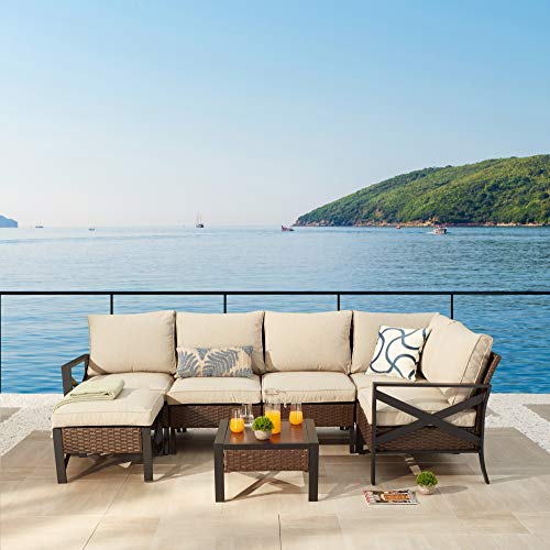 Festival Depot 7 Pieces Patio Conversation Set Outdoor Furniture Sectional Corner Sofa with All-Weather Brown PE Wicker Back Chair, Coffee Table, Ottoman and Thick Soft Removable Couch Cushions