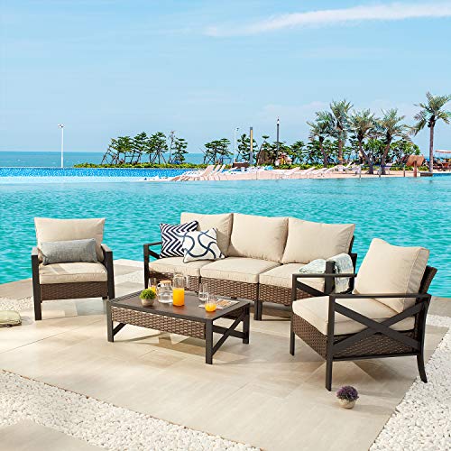 Festival Depot 6 Piece Patio Conversation Set Wicker Armchair with Thick Cushions and Rattan Coffee Table Metal Frame Outdoor Furniture for Porch Garden Backyard