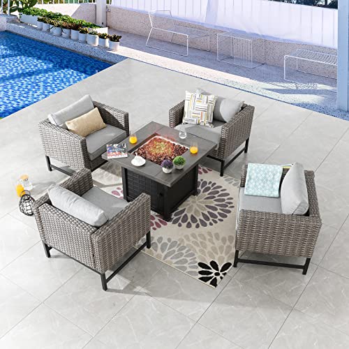 Sports Festival 5 Pcs Outdoor Fire Propane Pit Conversation Set, 4 Patio Dining X Wicker Armchair Chairs with Cushions Metal Frame and 34 inch 50000 BTU Auto-Ignition Square Propane Gas Fire Pit Table