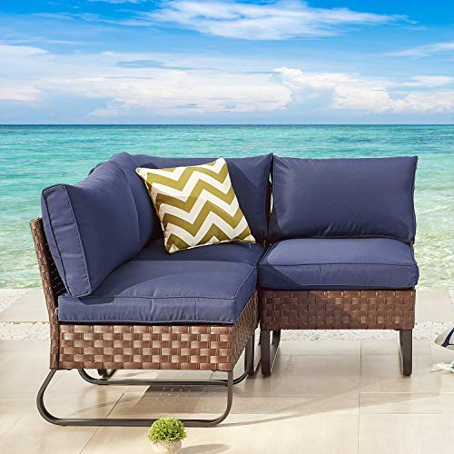 Festival Depot 3 Pcs Patio Conversation Set Sectional Corner Sofa Combination Outdoor All-Weather Wicker Metal Armless Chairs with Blue Seating Back Cushions U-Shaped Steel Legs Garden Deck Poolside