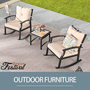 Festival Depot 3-Piece Patio Bistro Set Conversation Set Rocking Chair Set with Side Coffee Table Outdoor Furniture with Hand-Woven Textilene Rope Backrest (Black Metal Frame with Beige Cushion)