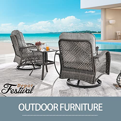 Festival Depot 3 Pieces Patio Bistro Set PE Wicker 360-Degree Swivel Chairs Set of 2 with Tempered Glass Top Side Table Outdoor Furniture Conversation Set (Brown Wicker, Grey Cushion)