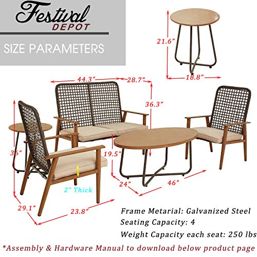 Festival Depot 5 Pieces Patio Outdoor Conversation Set with Metal Side Coffee Table Wooden-Color Steel Chairs Loveseat with Cushions