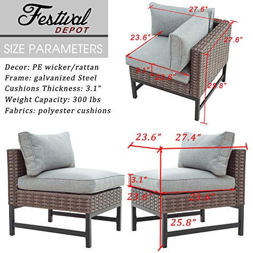 Festival Depot 3 Pieces Patio Sectional Corner Sofa Set Outdoor All-Weather Wicker Metal Chairs with Seating Back Cushions Garden Poolside (Gray)