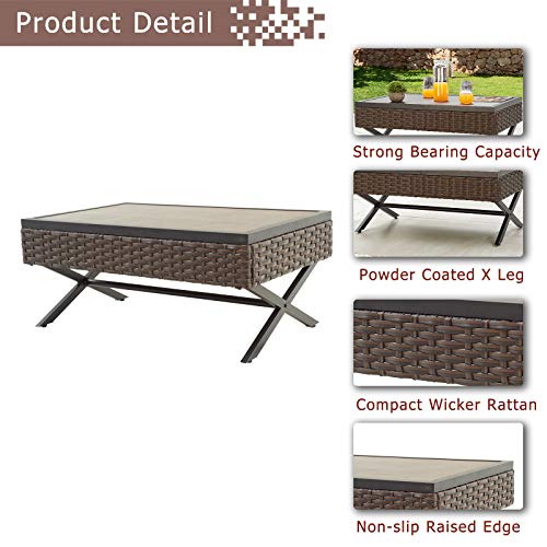 Festival Depot 7pcs Outdoor Furniture Patio Conversation Set Sectional Sofa Chairs with X Shaped Metal Leg All Weather Brown Rattan Wicker Ottoman Coffee Table with Grey Thick Seat Back Cushions