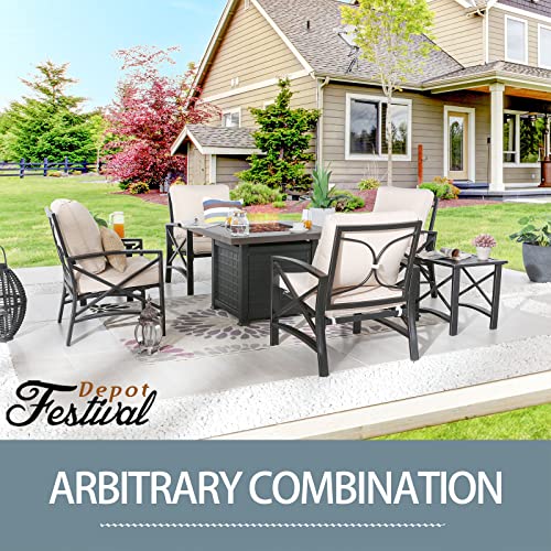 Festival Depot 7 Pcs Patio Conversation Set Outdoor Furniture 50,000 BTU Propane Fire Pit Table Gas and Armrest Chair Coffee Table with Thick & Soft Cushions for Garden, Pool, Backyard