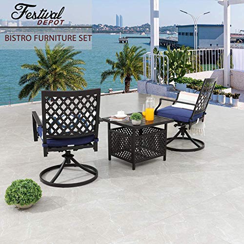 Festival Depot Outdoor Furniture 3 Piece Patio Dining Set of 2 Swivel Chairs with Cushions and 1 Metal Bistro Side Table with Umbrella Hole for Deck Porch Yard, Blue