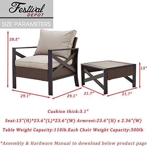 Festival Depot 3-Piece Bistro Outdoor Patio Furniture Conversation Set 3.1" Soft & Deep Cushion Wicker Rattan X-Armchairs Square Wood Grain Top Side Coffee Table with Side X Shaped Slatted Steel Legs