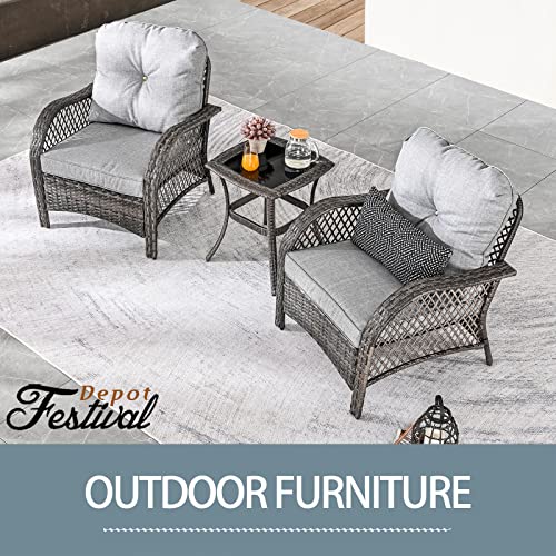 Festival Depot 3 Pieces Patio Bistro Set PE Wicker Armchairs Set of 2 with Tempered Glass Top Side Table Outdoor Furniture Conversation Set (Brown Wicker, Grey Cushion)