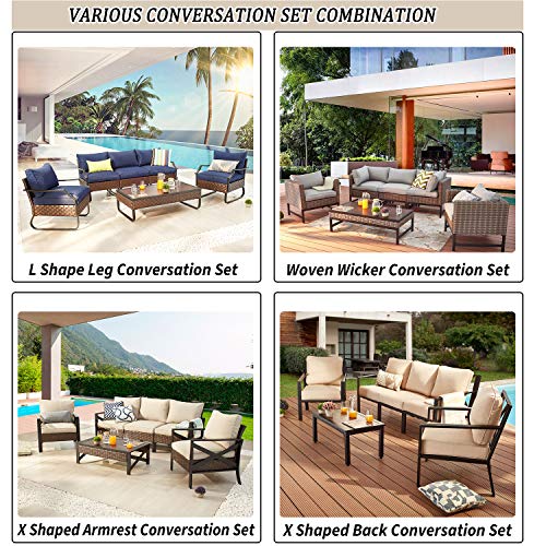 Festival Depot 6 Piece Patio Outdoor Furniture Conversation Set Wicker Rattan Armchair Corner Sofa and Coffee Table X Shaped Slatted Steel Leg for Porch Lawn Garden Balcony Pool Backyard (Grey)