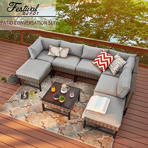 Festival Depot 8 Pieces Patio Conversation Set Outdoor Furniture Combination Sectional Corner Sofa All-Weather Woven Wicker Metal Armchairs with Seating Back Cushions Side Coffee Table Ottoman, Gray