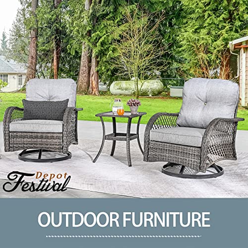 Festival Depot 3 Pieces Patio Bistro Set PE Wicker 360-Degree Swivel Chairs Set of 2 with Tempered Glass Top Side Table Outdoor Furniture Conversation Set (Brown Wicker, Grey Cushion)