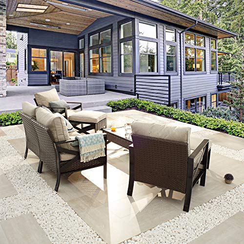 Festival Depot 7 Pcs Patio Outdoor Furniture Loveseat Conversation Set Sectional Sofa with All-Weather Brown Wicker Back Chair, Coffee Table, Ottoman and Removable Couch Cushions