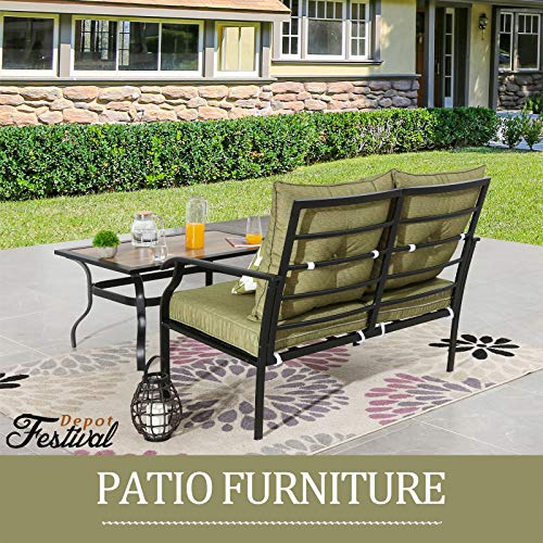 Festival Depot 2 Pieces Patio Set Loveseat with Seat Back Cushions and Pillows and Coffee Table Outdoor Furniture Metal Conversation Set for Garden Backyard Porch