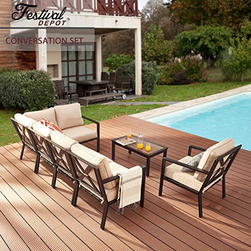 Festival Depot 7-Pieces Patio Outdoor Furniture Conversation Sets Sectional Corner Sofa, All-Weather Black X Shaped Slatted Back Chairs with Coffee Table and Removable Thick Soft Couch Cushions(Beige)