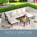 Festival Depot 7 Pcs Patio Conversation Set Sectional Chair Ottoman with Cushions and Coffee Table All Weather Outdoor Furniture for Deck Garden, Beige