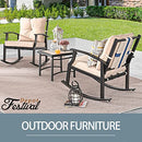 Festival Depot 3-Piece Patio Bistro Set Conversation Set Rocking Chair Set with Side Coffee Table Outdoor Furniture with Hand-Woven Textilene Rope Backrest (Black Metal Frame with Beige Cushion)