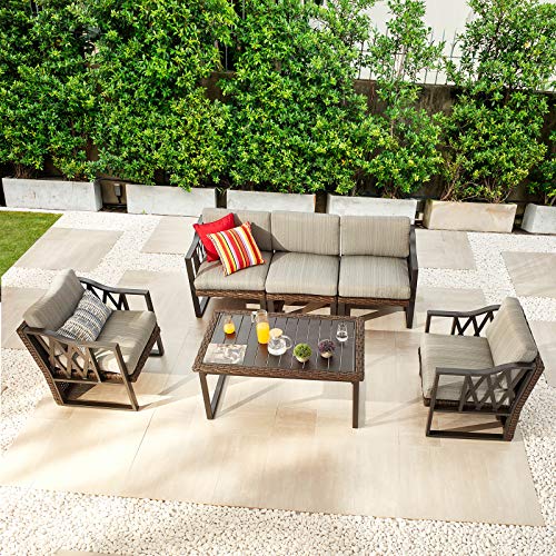 Festival Depot 6pcs Outdoor Furniture Patio Conversation Set Sectional Sofa Chairs All Weather Brown Rattan Wicker Slatted Coffee Table with Grey Thick Seat Back Cushions, Black