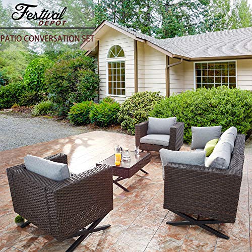 Festival Depot 6 Piece Patio Outdoor Furniture Conversation Set Wicker Rattan Armchair Corner Sofa and Coffee Table X Shaped Slatted Steel Leg for Porch Lawn Garden Balcony Pool Backyard (Grey)